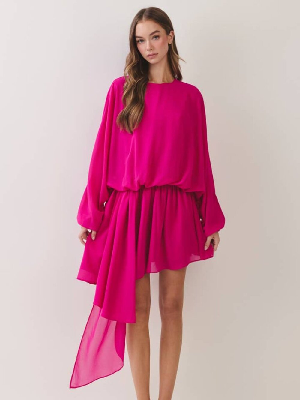 NWT Pink Fuchsia Bohemian Draped Asymmetric Chiffon Goddess Festival Mini Dress